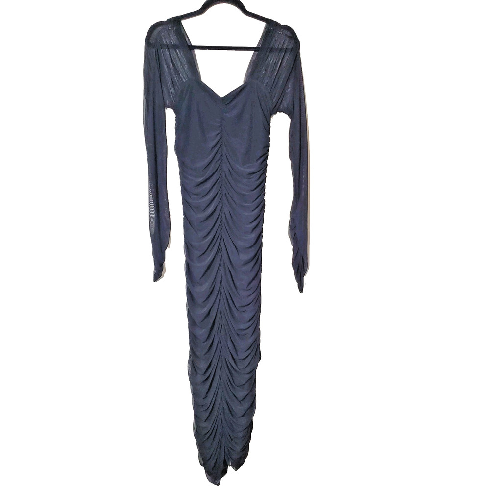 House Of Harlowโ Womens Small Bodycon Dress Black Ruched Midi Long Sleeve Sheer